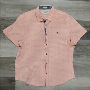 Penguin Heritage Slim Fit Short Sleeve Button Down Shirt Men's XL Peach Check